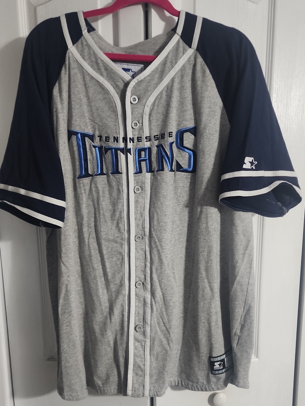 STARTER Tennessee Titans Grey and Navy Button-Up Jersey Shirt